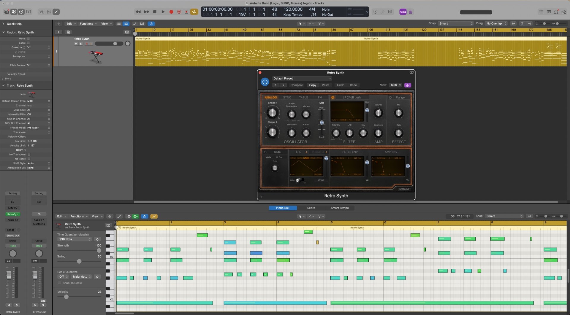 Logic Pro's Retro Synth plugin open above a piano roll editing a synth part.
