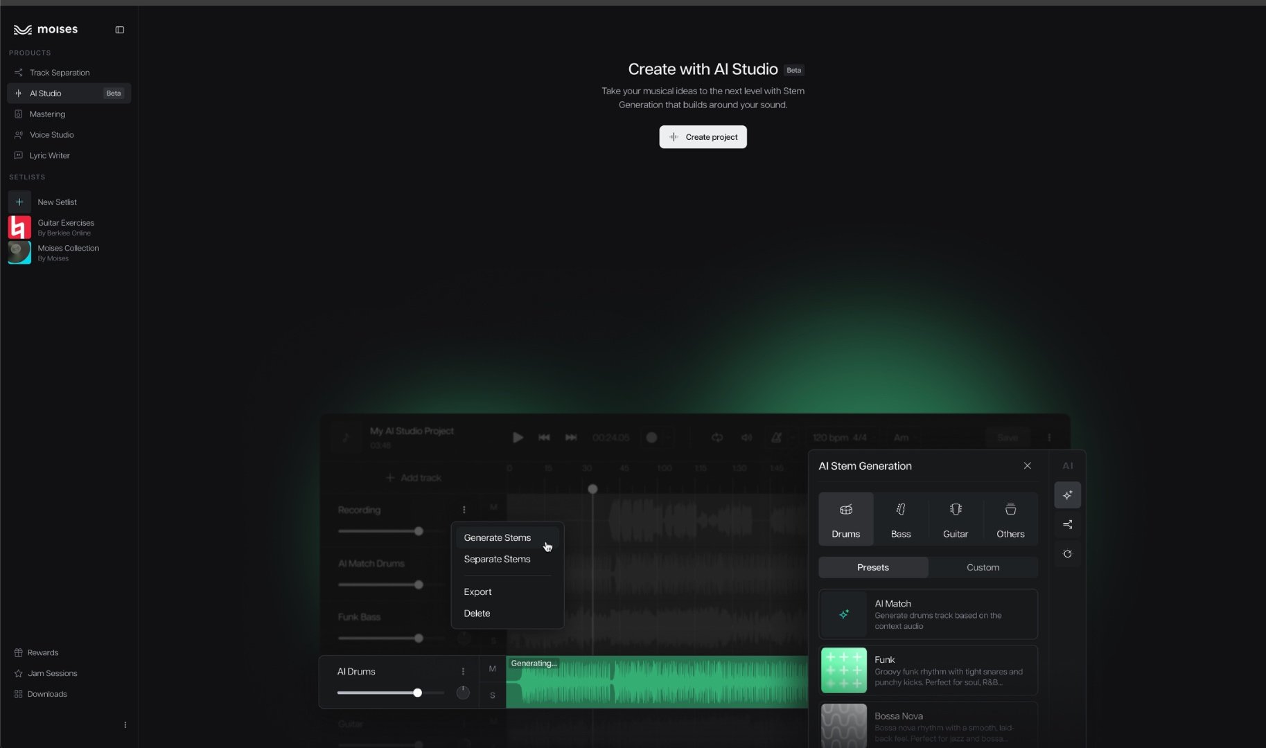 Moises AI Studio's Stem Generation panel, mid-generation on an AI drum part.