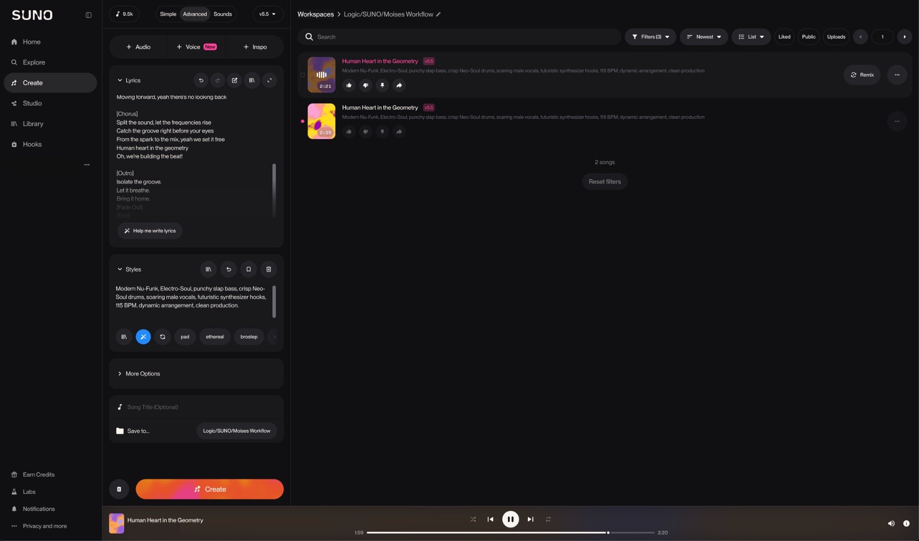 SUNO's Create panel with a song description prompt and a workspace library of generated tracks.